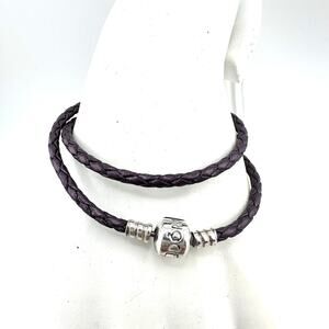 Pandora 925 Sterling Silver Purple Braided Leather Wrap Charm 14” Bracelet